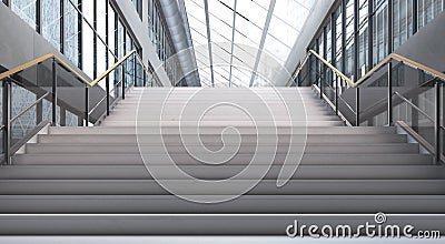 3D render of a stairs leading up into a large aisle of an office building. Cartoon Illustration