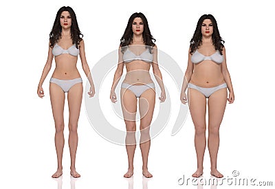3D Render : standing female body type ie. skinny type,muscular type,heavy weight Cartoon Illustration
