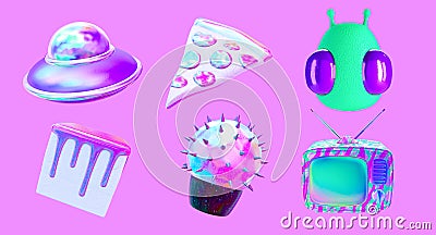 3d render sticker set creative funny Aliens and stylish objects . Cosmic trendy vibes Stock Photo