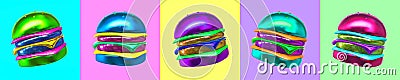 3d render sticker set creative junk food. Stylish Burgers. Restaurant, bars, cafes, shop concept Stock Photo