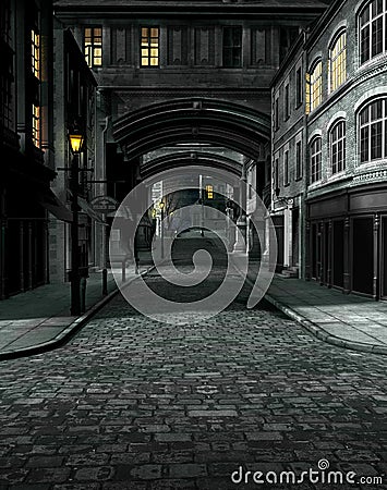 Street at Night with 19th Century City Buildings Stock Photo