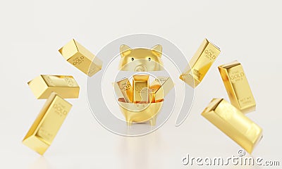 3d render of surprise inside open piggy bank isolated on white background abstract. Golden pig with yellow metal gold bar falling Stock Photo