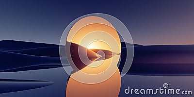 3d render, surreal panoramic background. Abstract minimal wallpaper of fantastic sunset landscape with golden round mirror, hills Stock Photo