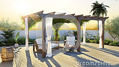 3D render of teak wood pergola on outdoor private terrace Cartoon Illustration