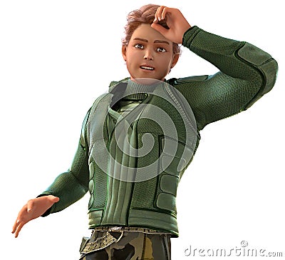 Teenage Boy Explorer in Camouflage Outdoor Survival Attire Stock Photo