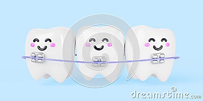 3d render teeth cartoon kawaii characters with metal dental braces. Cute smiling tooth with brackets and steel arch wire Cartoon Illustration