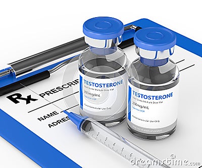 3d render of testosterone injection vials with syringe Stock Photo