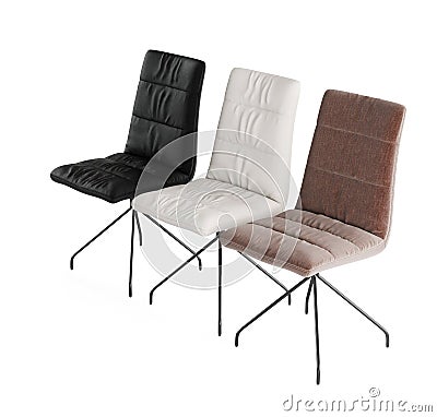 3D render of three contemporary chairs in black, white, and brown with sleek metal legs Stock Photo