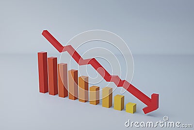 3d render, Three Dimensional Graph With Arrow Symbol Over grey Background, descent Stock Photo