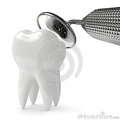 3d render of tooth decay and dental mirror over white Stock Photo