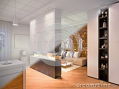 3d render of a townhouse interior design. Render in modern architecture style Cartoon Illustration