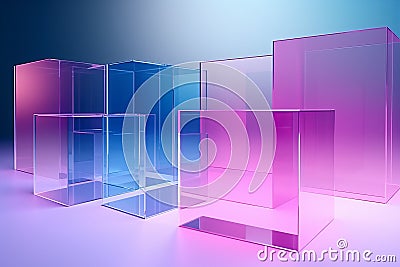 3d render, translucent glass with violet pink blue gradient, simple square shapes Generative AI. Stock Photo