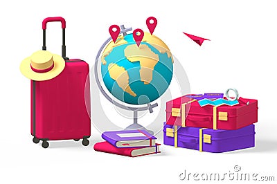 3d render traveler set of suitcase with luggage and globe. Cartoon Illustration