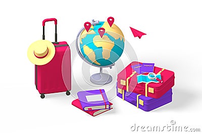 3d render traveler set of suitcase with luggage and globe. Cartoon Illustration