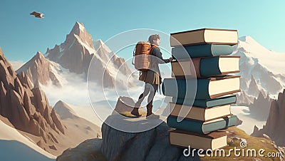 3D render Traveller with backpack standing in fantasy mountains valley made of books. Stock Photo