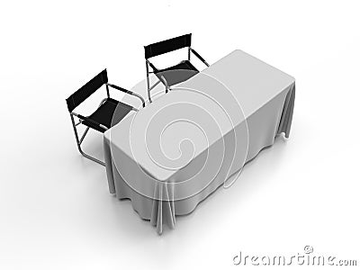 3d render of two aluminum folding directors chairs and a trestle table with a white table cloth. Cartoon Illustration