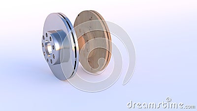 3D render - two car brake discs, one metal, the second wooden, on a white background Stock Photo