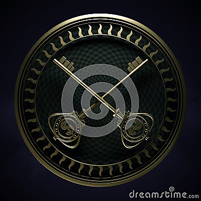 3d render of two exquisite gold key with a dollar symbol crossed on a dark checkered background with a round gold frame Stock Photo