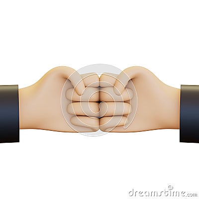 3D render of two fists pressed together, symbolizing unity, strength, or teamwork. Cartoon Illustration