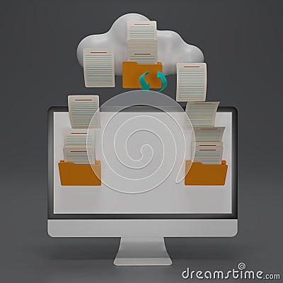 3D render Uploading desktop documents from folder to folder Document cloud. Open File folder with flying blank documents. Data Stock Photo