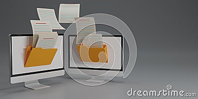 3D render Uploading desktop documents from folder to folder. Open File folder with flying blank documents. Data transfer backup, Stock Photo