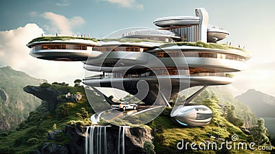 3D Render Urban Sky Villa With Flying Car Landing Pad. Generative AI Stock Photo