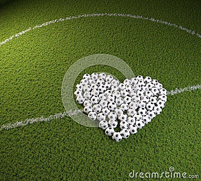 Restarting soccer season - a heart shape of soccers balls on a soccer field Stock Photo