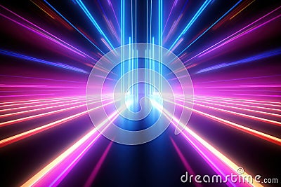 3D render vibrant neon rays and glowing lines create abstract colorful background Stock Photo