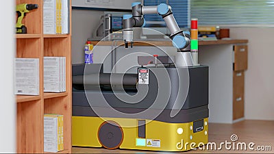 3D computer Generated image: COBOT and AGV in LAB Stock Photo