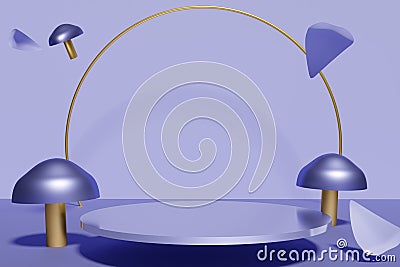 3d render of violet podium with golden metallic arch ring with flying petals and mushrooms Stock Photo