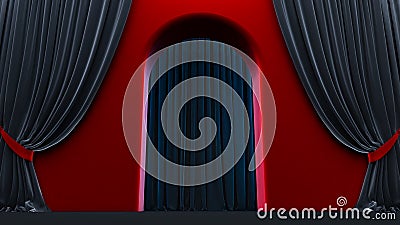 Walkway arch, red and black hallway, Long tunnel with arches and red carpet Stock Photo