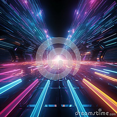 3D render of a warp jump Fast travel through a neon lit galaxy corridor Stock Photo