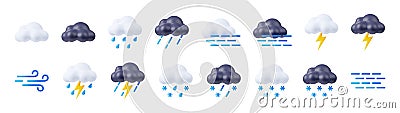 3d render weather icons, clouds with lightnings Cartoon Illustration