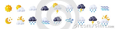 3d render weather icons set, sun shining, clouds Cartoon Illustration