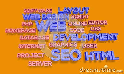 3d render webdesign word cloud Concept of web designing Stock Photo