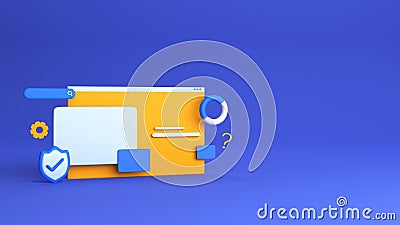 3D Render Of Website Or Webpage With Pie Chart, Approve Security Shield, Cogwheel, Search Engine On Blue Stock Photo