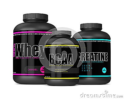 3d render of whey, BCAA and creatine bottles Stock Photo