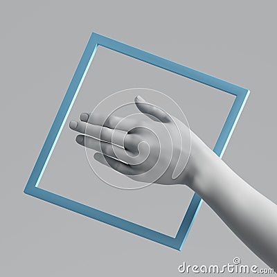 3d render white artificial female hand with blue geometric shape, square frame. Human mannequin body part isolated on plain Stock Photo