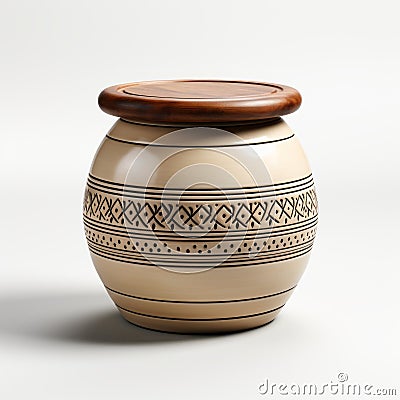 3d Render Of White Ceramic Jug With Wooden Lid In Dayak Art Style Stock Photo