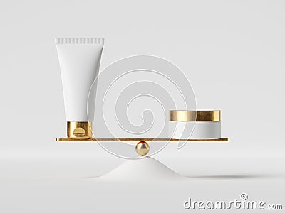 3d render. White cosmetic bottles with golden caps on scales, isolated on white background. Balancing concept. Cream tube and jar Stock Photo