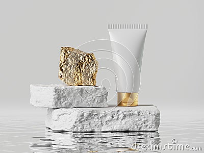 3d render. White cream tube with golden cap placed on rough cobblestone platform. Abstract skin care product, luxury cosmetics. Stock Photo