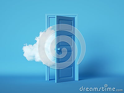 3d render, white fluffy cloud going through, flying out the open door, objects isolated on blue background. Modern minimal concept Stock Photo