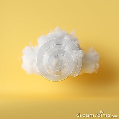 3d render, white fluffy cloud levitating inside the room. Object isolated yellow background, modern design, abstract metaphor Stock Photo