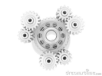 3D render - white gears assembly Cartoon Illustration