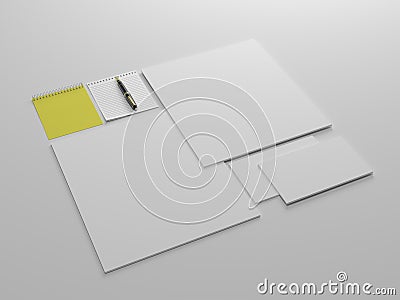 3D render white paper stationary set for mockup template with white background side view Stock Photo