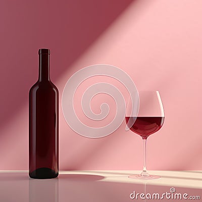 3d Render Wine Bottle And Glass On Pink Background Stock Photo