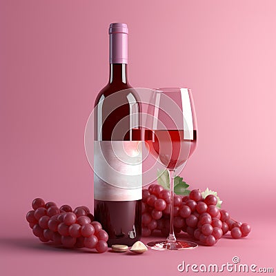 3d Render Wine Bottle And Grapes On Pink Background Stock Photo