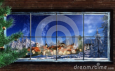 3d render winter christmas scene of small village at dawn Cartoon Illustration