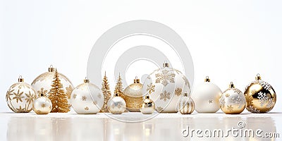 3d render. Winter holiday wallpaper. Festive white and gold Christmas ornaments and baubles. Stock Photo