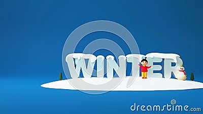 3D Render Winter Text With Young Girl Holding Snow Balls, Snowman, Xmas Tree On Snowy Blue Stock Photo